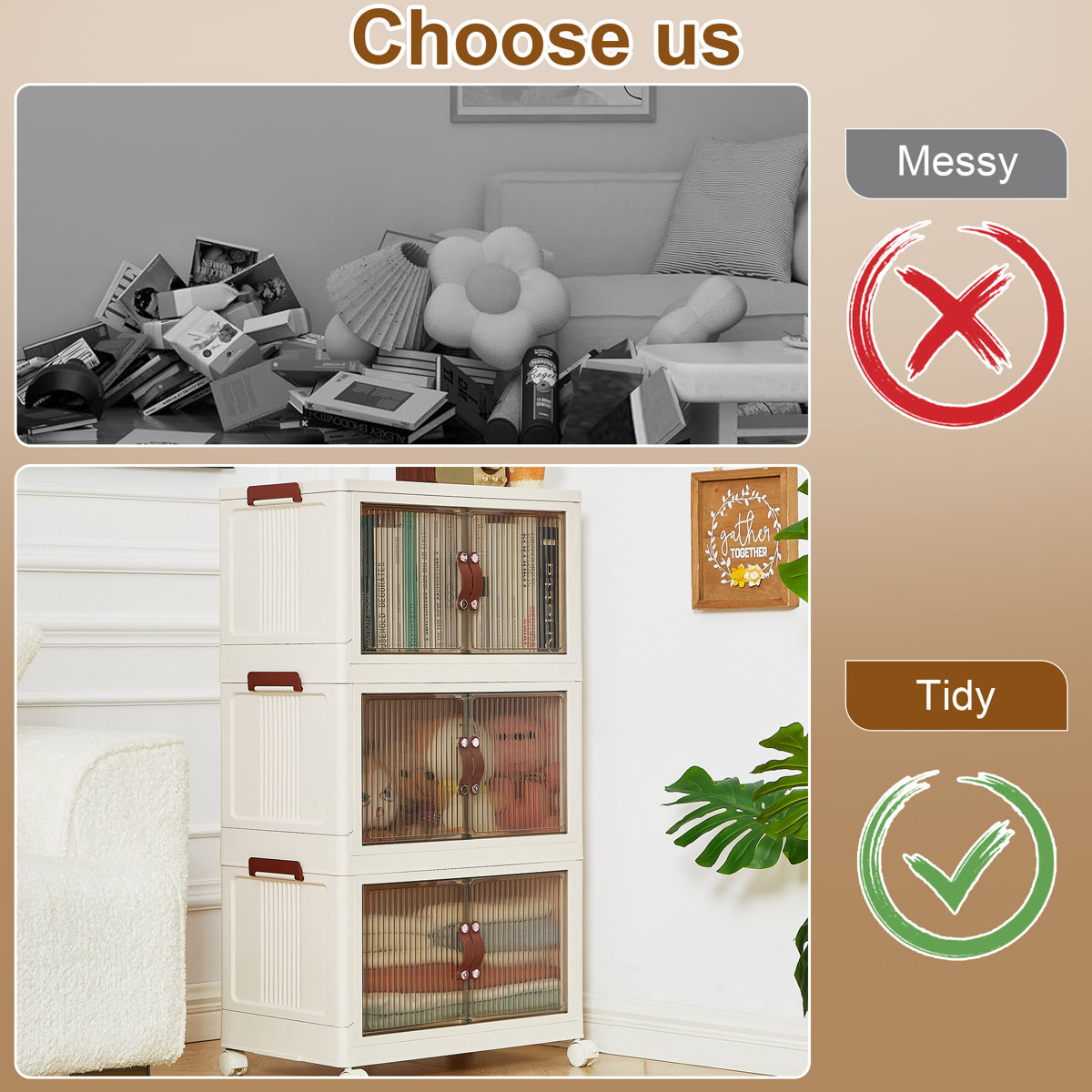 3-Tier Folding Stackable Storage Bins with Lid and Wheels (Set of 2)